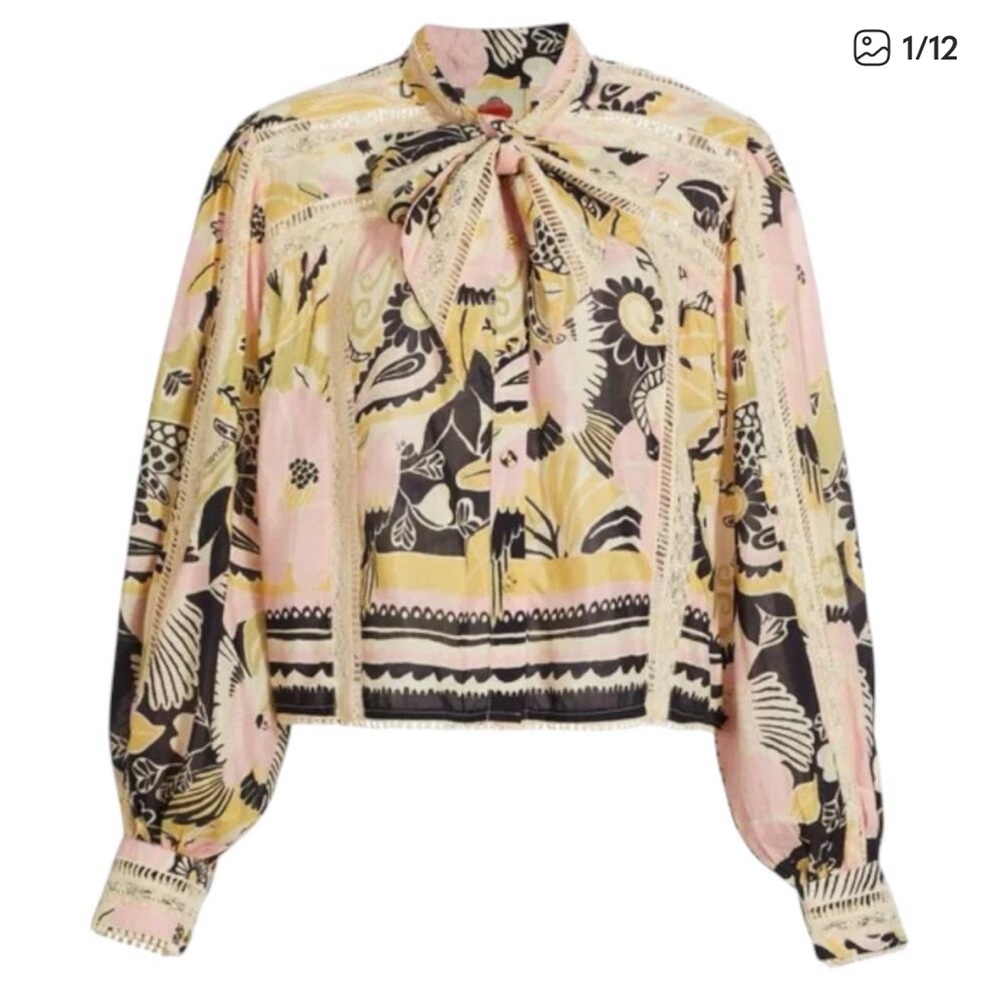 FARM RIO Vintage Forest Lace Trim Tie
Neck Blouse - Size Xs